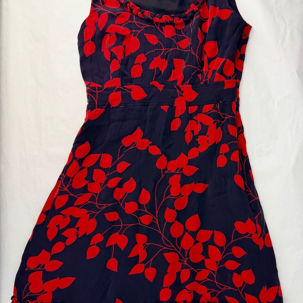 Tory Burch Silk Print Red and Black Leaf Midi Dress - Picture 4 of 11